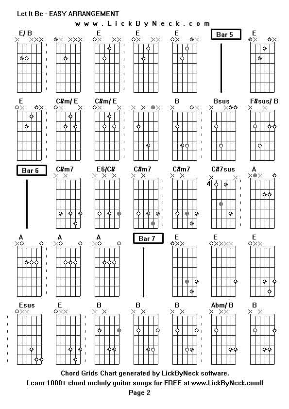 Chord Grids Chart of chord melody fingerstyle guitar song-Let It Be - EASY ARRANGEMENT,generated by LickByNeck software.